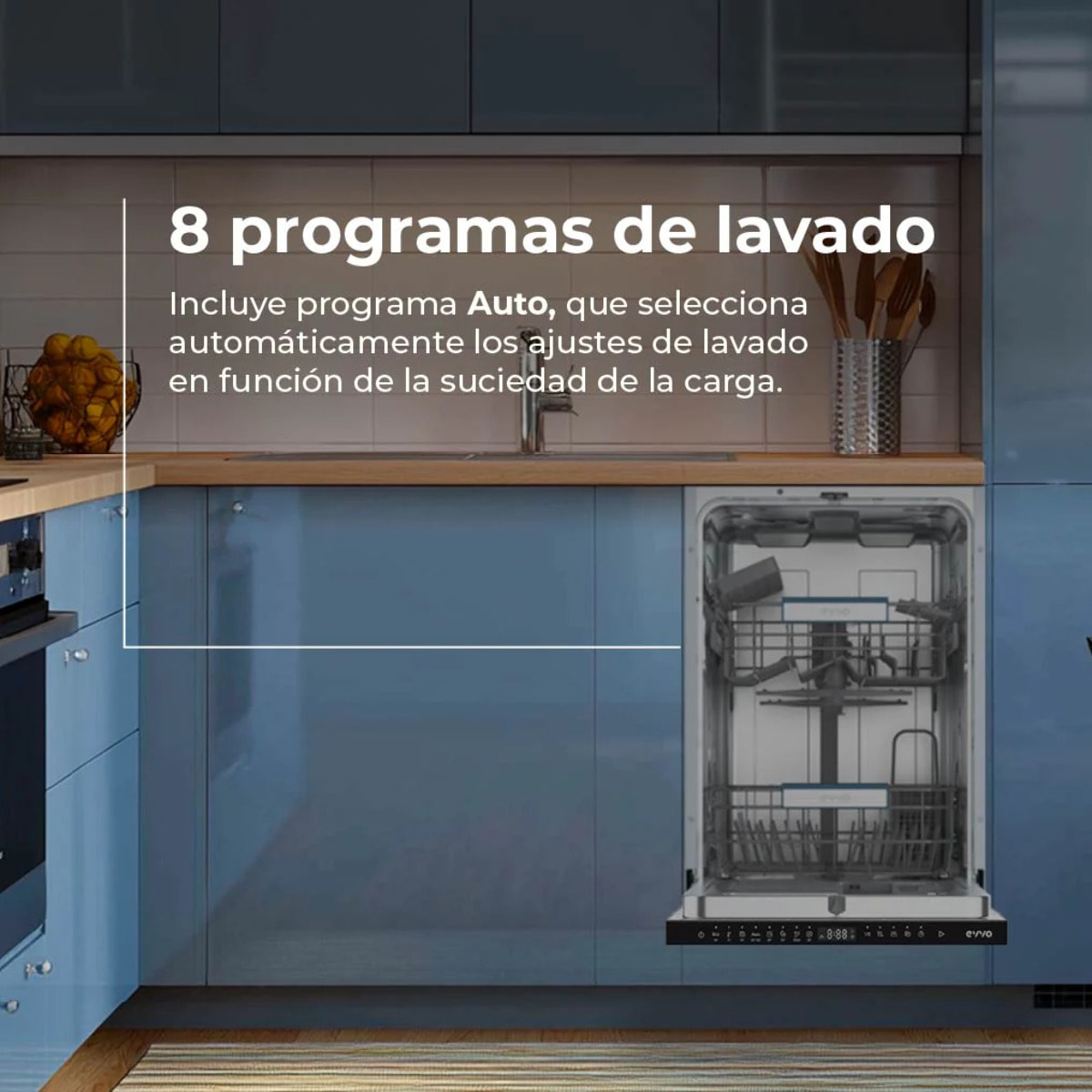 Lavavajillas Integrable EVVO Di.3 60cm 14 Cubiertos, Clase C, 6 Programas + Display, Panel Táctil, Auto Open