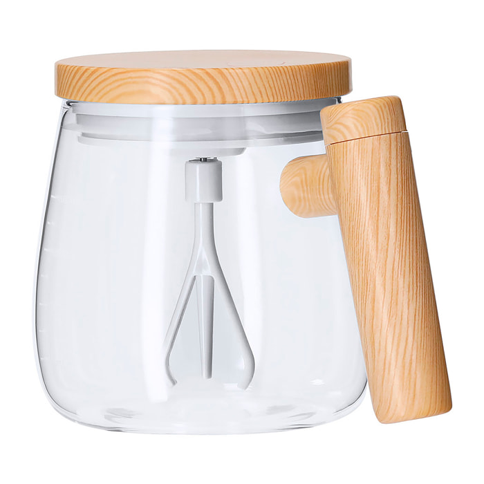 Taza mezcladora en resistente cristal de borosilicato de 400ml de capacidad. Incluye tapadera con agitador eléctrico.