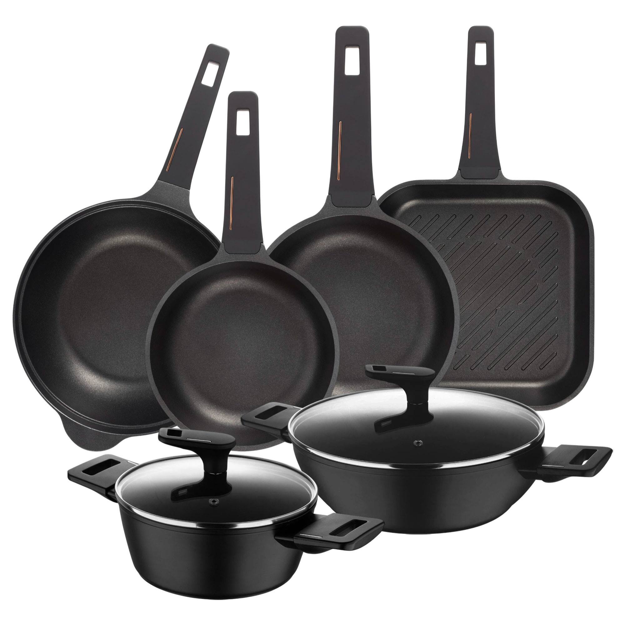 Set de Cocina con 2 Cacerolas Ø20Ø28cm en Aluminio forjado + 2 Sartenes Ø24Ø28cm + Sartén Grill 28x28cm + Wok Ø30cm en Aluminio fundido Copper Bergner