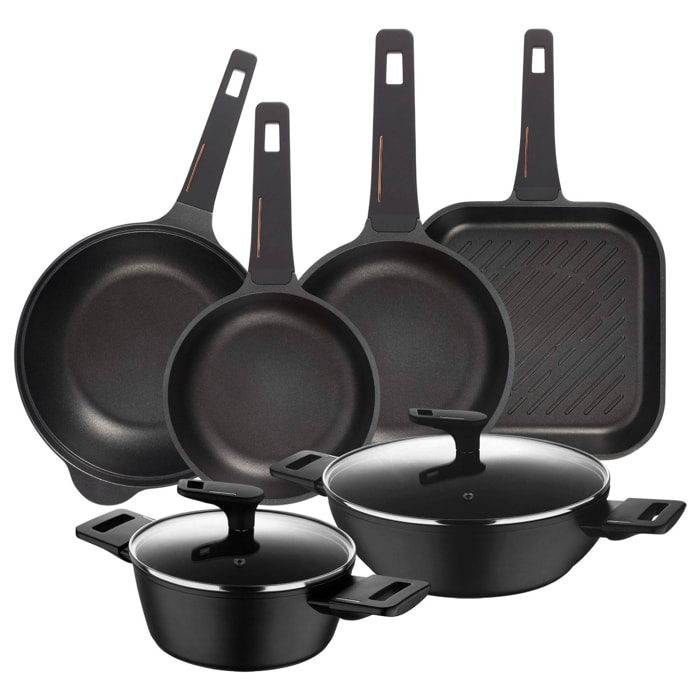Set de Cocina con 2 Cacerolas Ø20Ø28cm en Aluminio forjado + 2 Sartenes Ø24Ø28cm + Sartén Grill 28x28cm + Wok Ø30cm en Aluminio fundido Copper Bergner