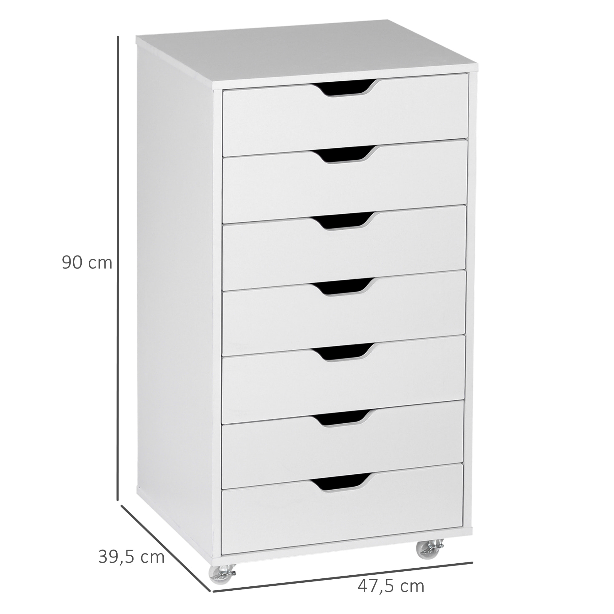 Caisson bureau - rangement bureau 7 tiroirs - dim. 47,5L x 39,5l x 90H cm - blanc