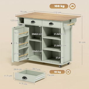 Isla de Cocina con Tablero Plegable y Ruedas, Mueble Auxiliar de Cocina con Especiero, Toallero, Armario, 2 Cajones, Estantes Abiertos, 117,5x70x91 cm, Verde Claro