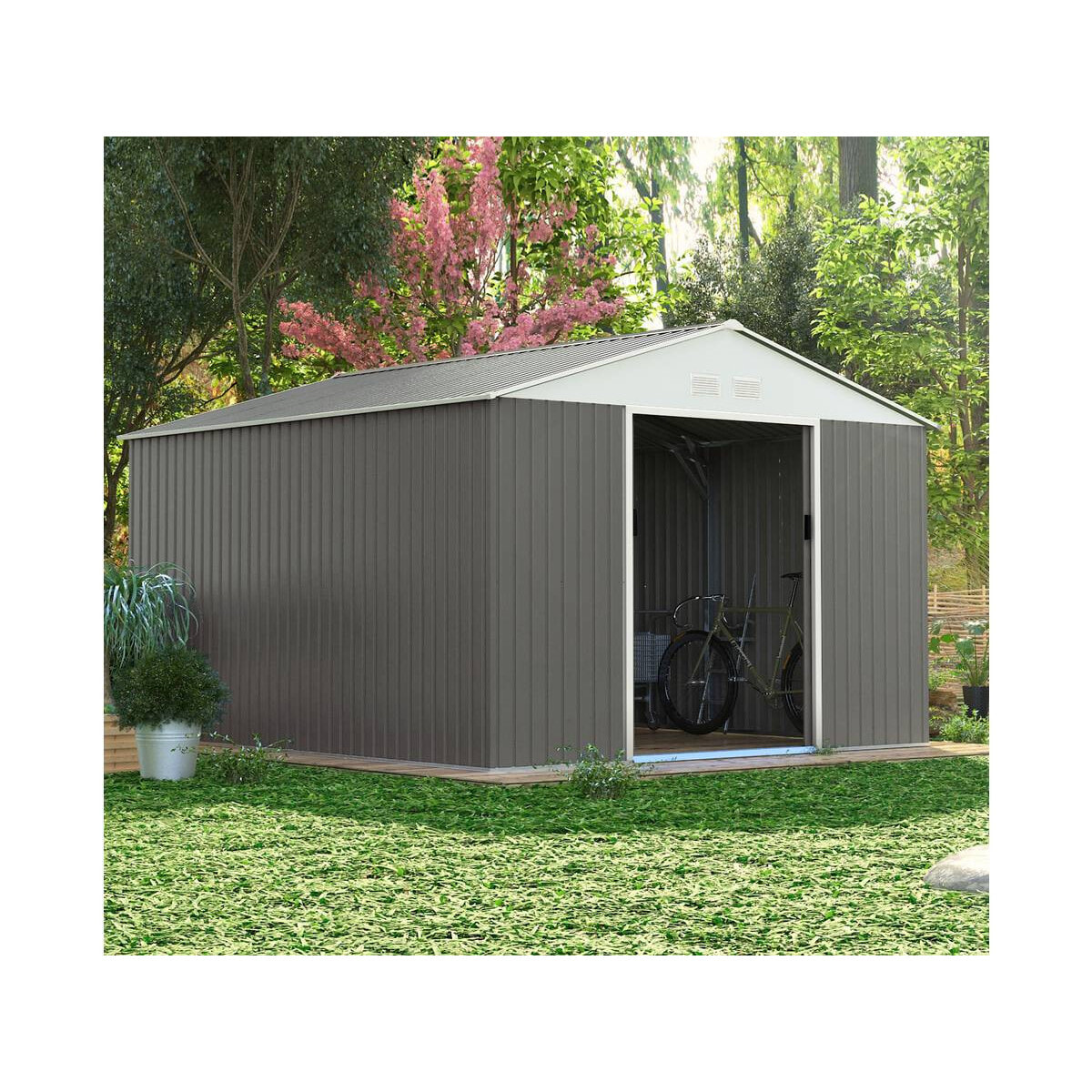 Abri de jardin métal "Dallas" 12,99 m² avec abri bûche