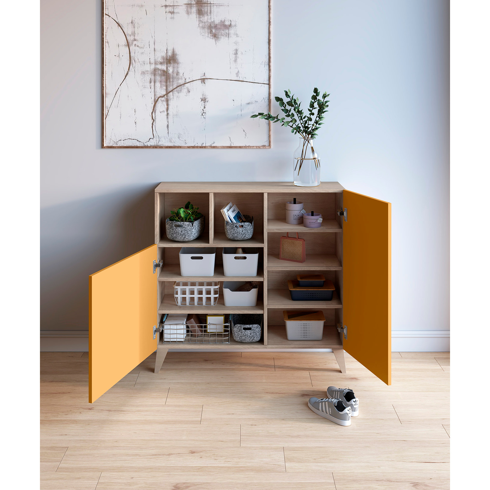 Zapatero Oslo melamina roble claro puertas mostaza 87x90x27 cm