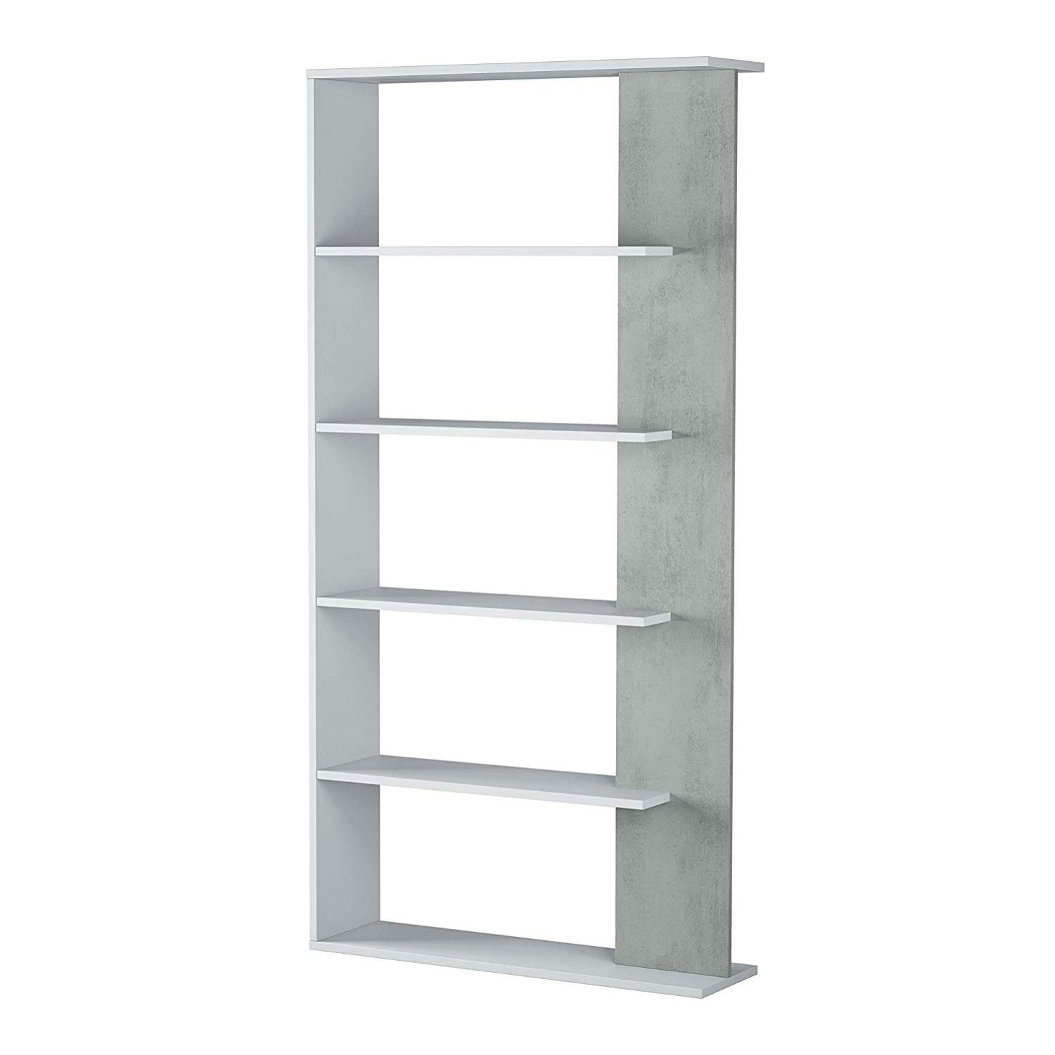 Libreria Columbia, Mobile portalibri bifacciale a 5 ripiani, Scaffale divisorio da ufficio o cameretta, cm 90x25h180, Bianco e Cemento