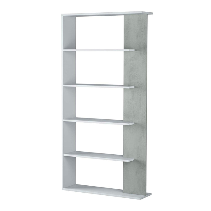 Libreria Columbia, Mobile portalibri bifacciale a 5 ripiani, Scaffale divisorio da ufficio o cameretta, cm 90x25h180, Bianco e Cemento