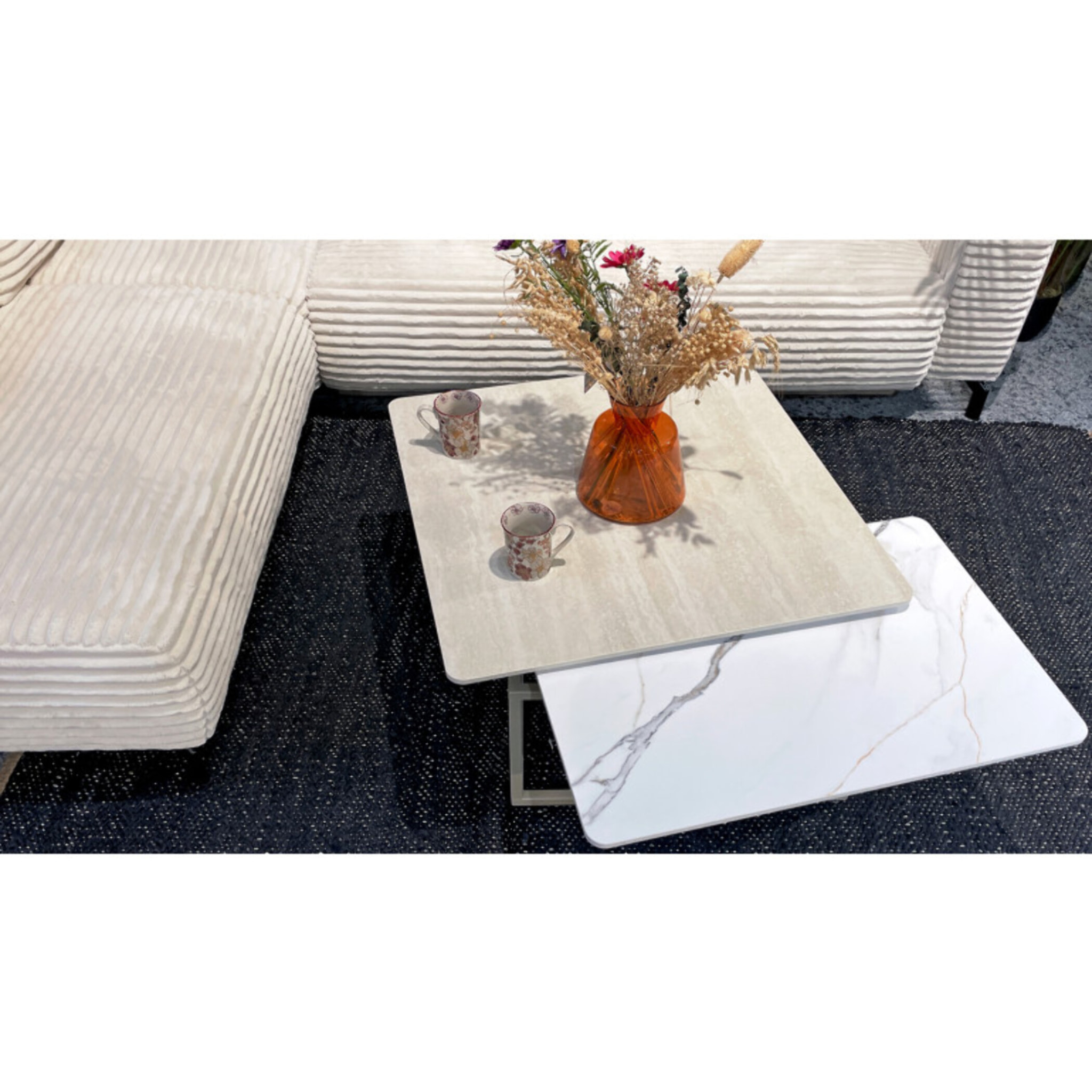 Table basse rotative 2 plateaux céramique pied métal beige – MATERA