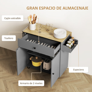 Isla de Cocina con Ala Abatible Carrito de Cocina Mueble Auxiliar de Cocina con Ruedas 2 Puertas Cajón Especiero Toallero y Estante Ajustable 106x42x87 cm Gris y Roble