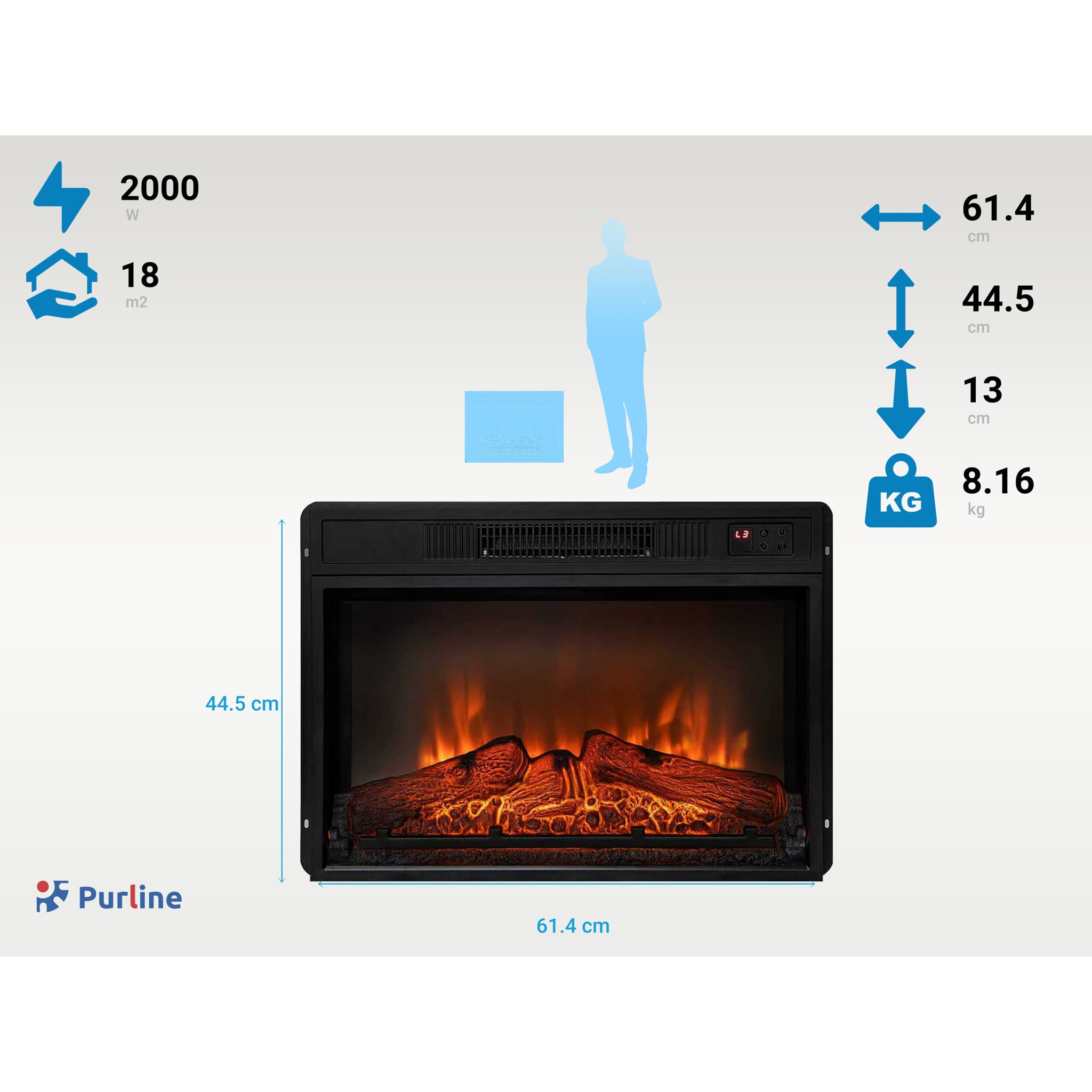 Chimenea eléctrica 2000W cristal templado negro con mando a distancia y llama ajustable CHE-620 PURLINE