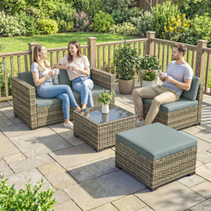 Conjunto de Jardín de Ratán de 5 Piezas, Conjunto Terraza Resistente, Muebles Jardín Exterior Incluye Cojines, 2 Sillones de Esquina, Sillón sin Brazos, Reposapiés y Mesa Centro, Gris Claro