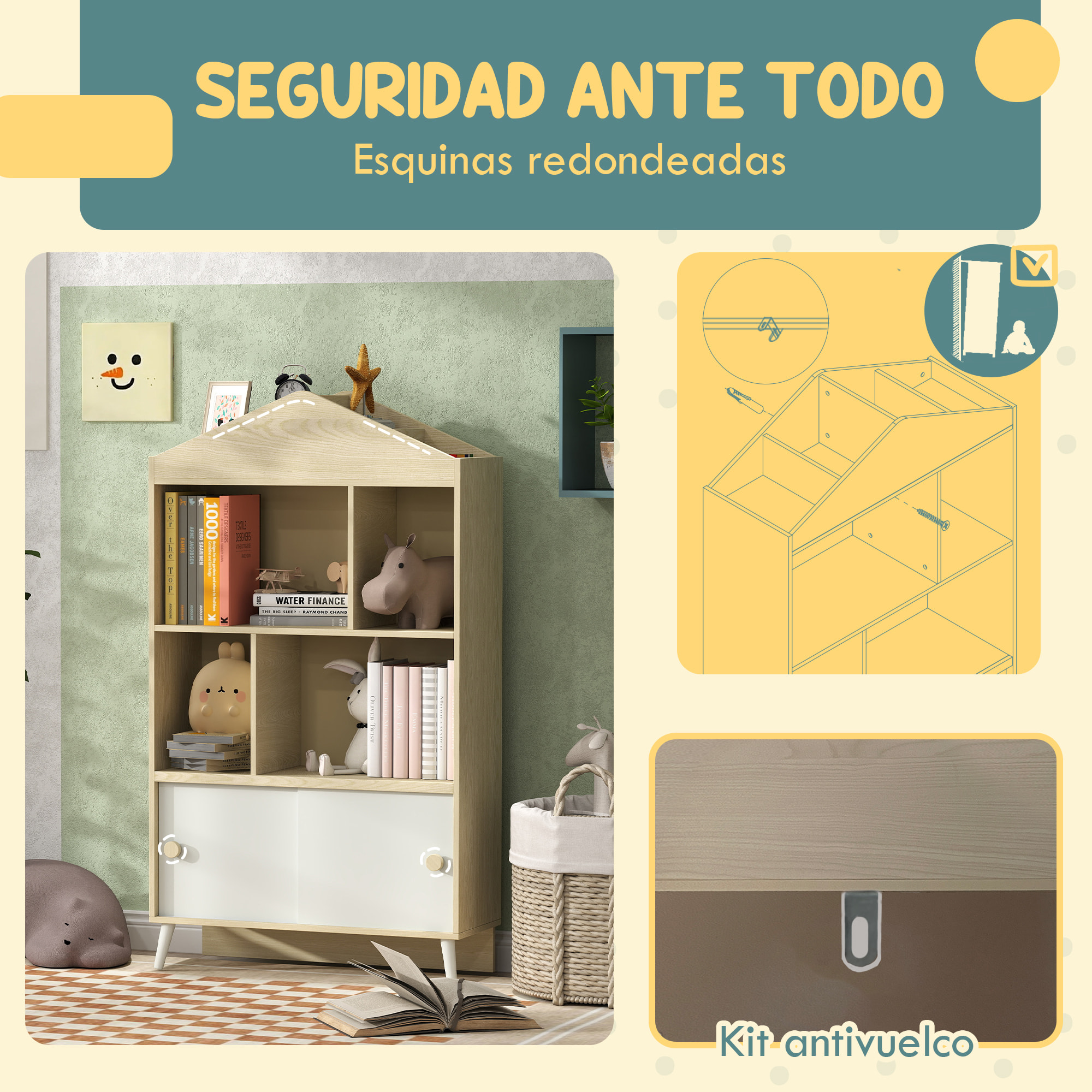 Estantería Infantil de Madera con 4 Compartimentos Librería Infantil con Estantes Abiertos y Armario para Habitación de Niños Sala de Juegos 80x30x140,5 cm Blanco y Natural