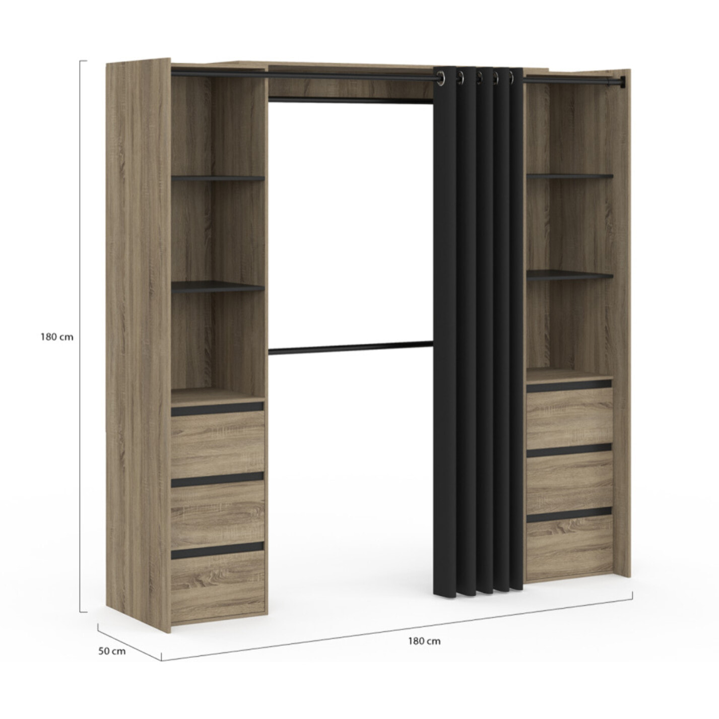 Dressing Justine extensible 120-180cm effet bois 6 tiroirs double colonne