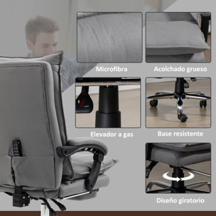 Silla de Masaje con 6 Puntos de Masaje y 5 Modos Silla de Escritorio Reclinable con Función de Calefacción Altura Ajustable Reposapiés y Ruedas para Estudio 66x74x114-121,5 cm Gris