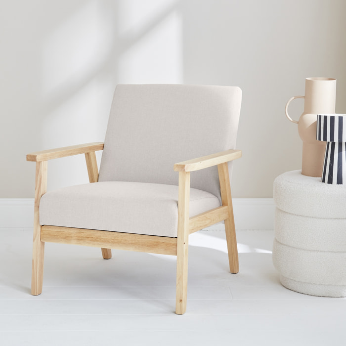 Fauteuil scandinave en bois et tissu crème. Isak. L 64 x P 69.5 x H 73cm