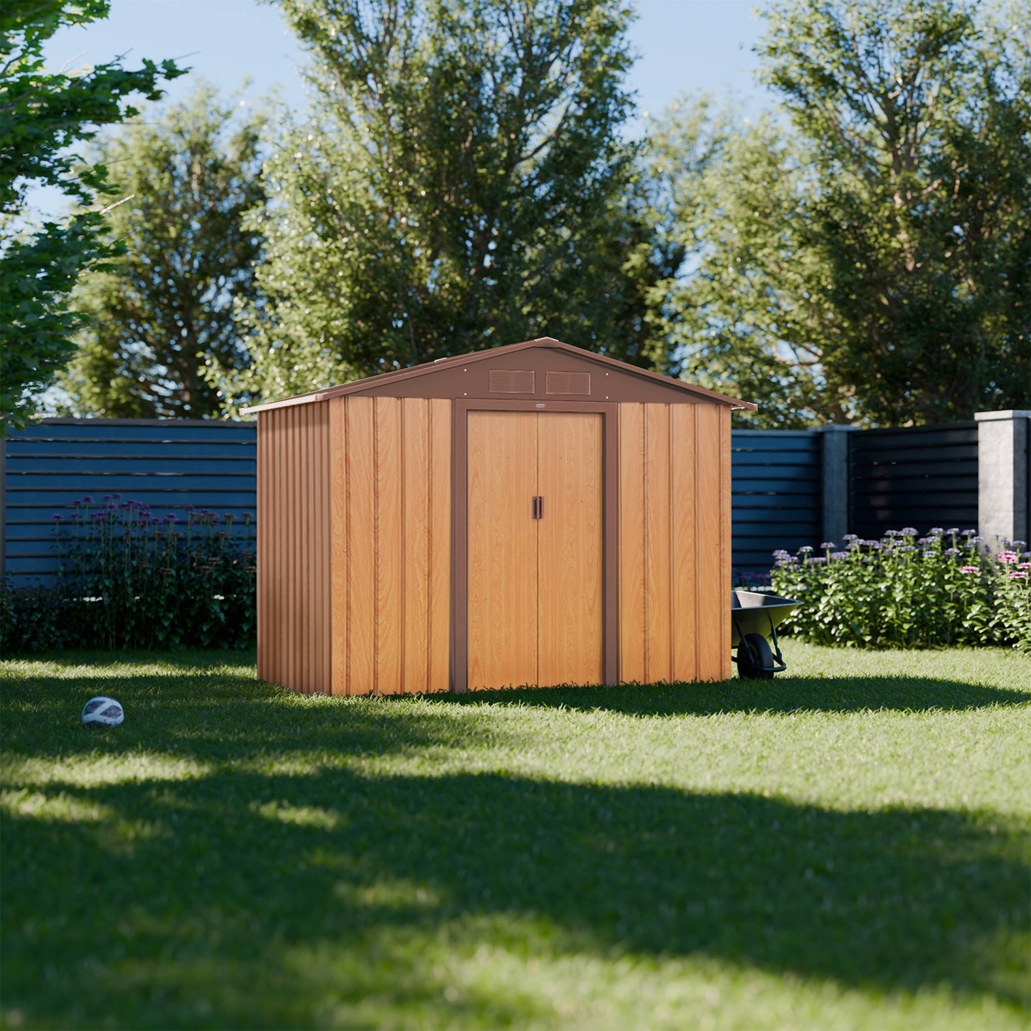 Abri de jardin en métal - Houtland. 2.71 m² chêne - Cabane à outils avec double portes coulissantes. kit de fixation sol inclus. L 213 x P 131 x H 185cm