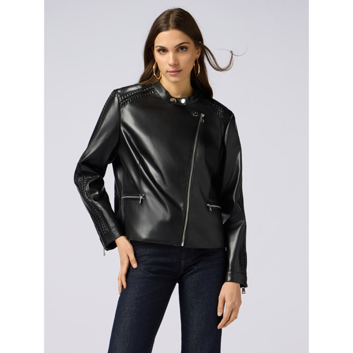 Oltre - Chaqueta de cuero estilo biker con detalles trenzados - Negro