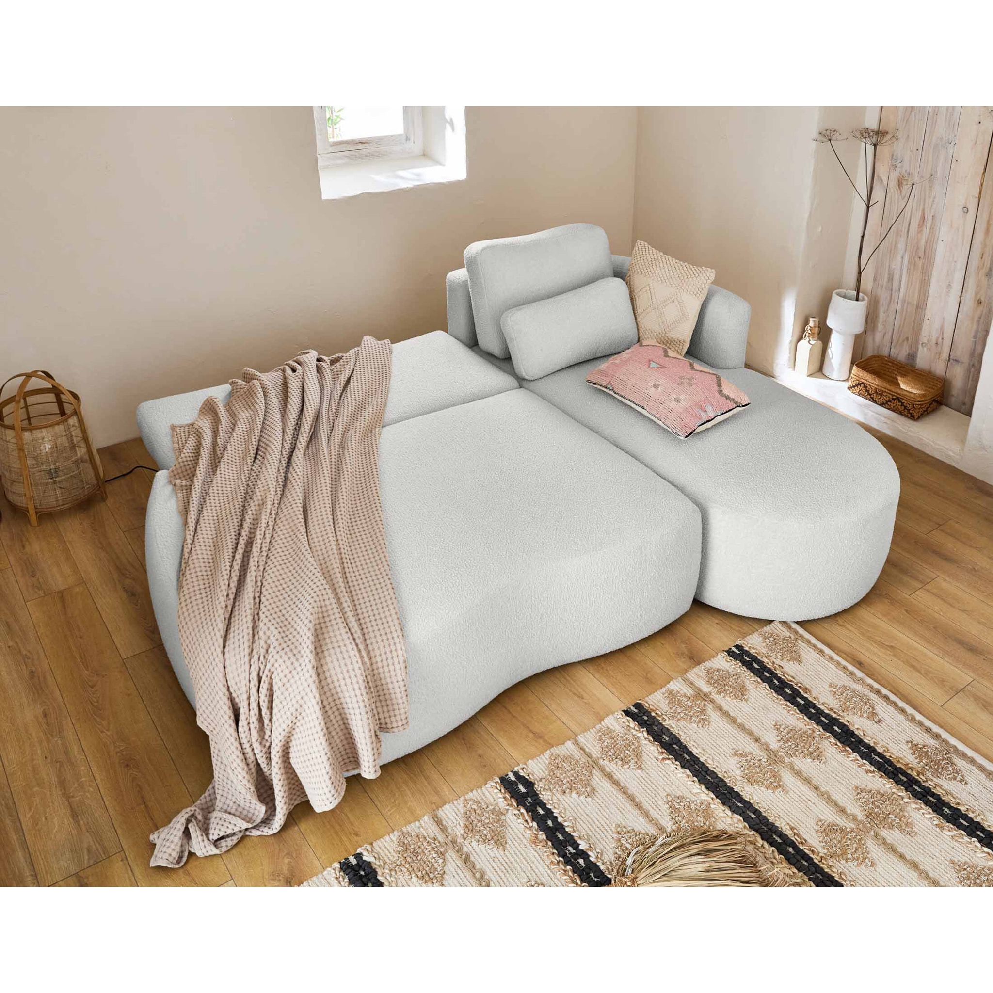 Mahina - canapé d'angle droit - 4 places - convertible avec coffre - en tissu bouclette - Gris clair