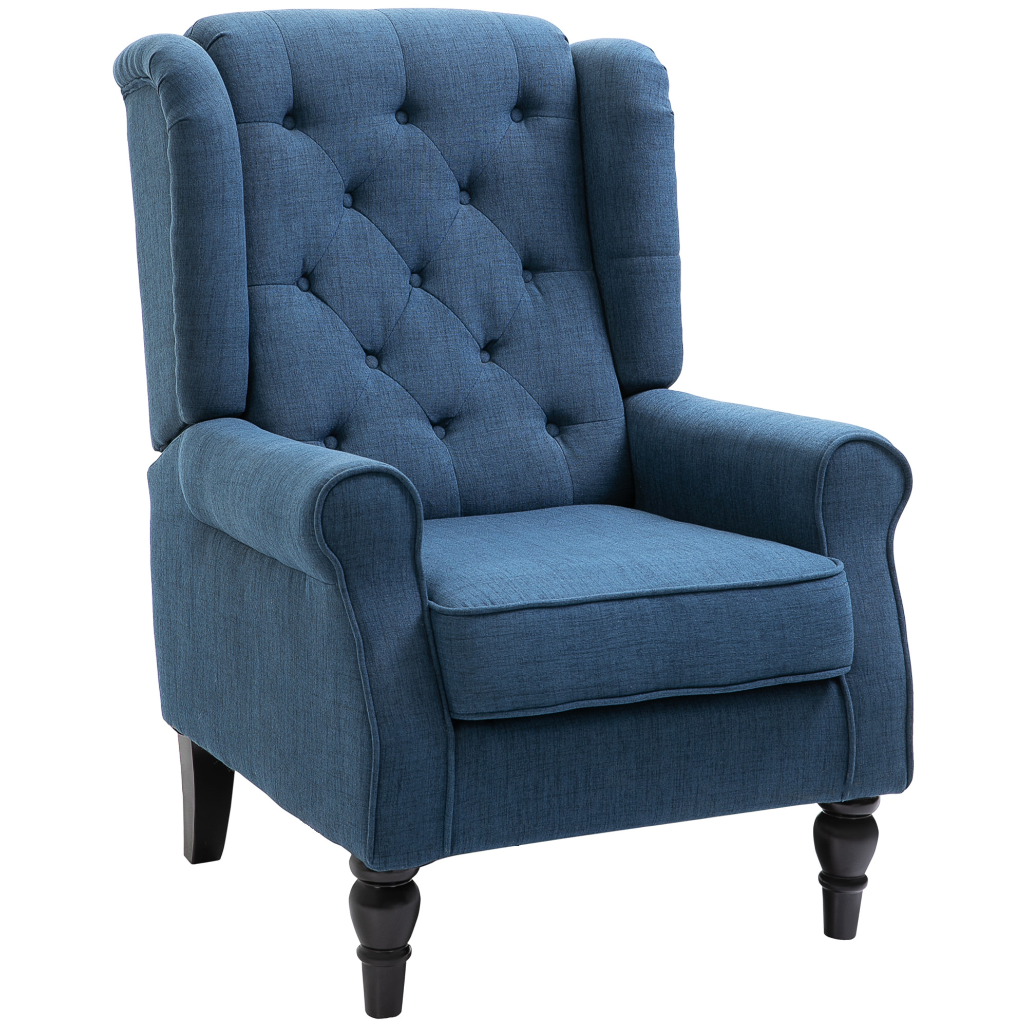 Fauteuil à oreilles style Chesterfield dossier capitonné grand confort bois noir tissu bleu