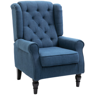 Fauteuil à oreilles style Chesterfield dossier capitonné grand confort bois noir tissu bleu