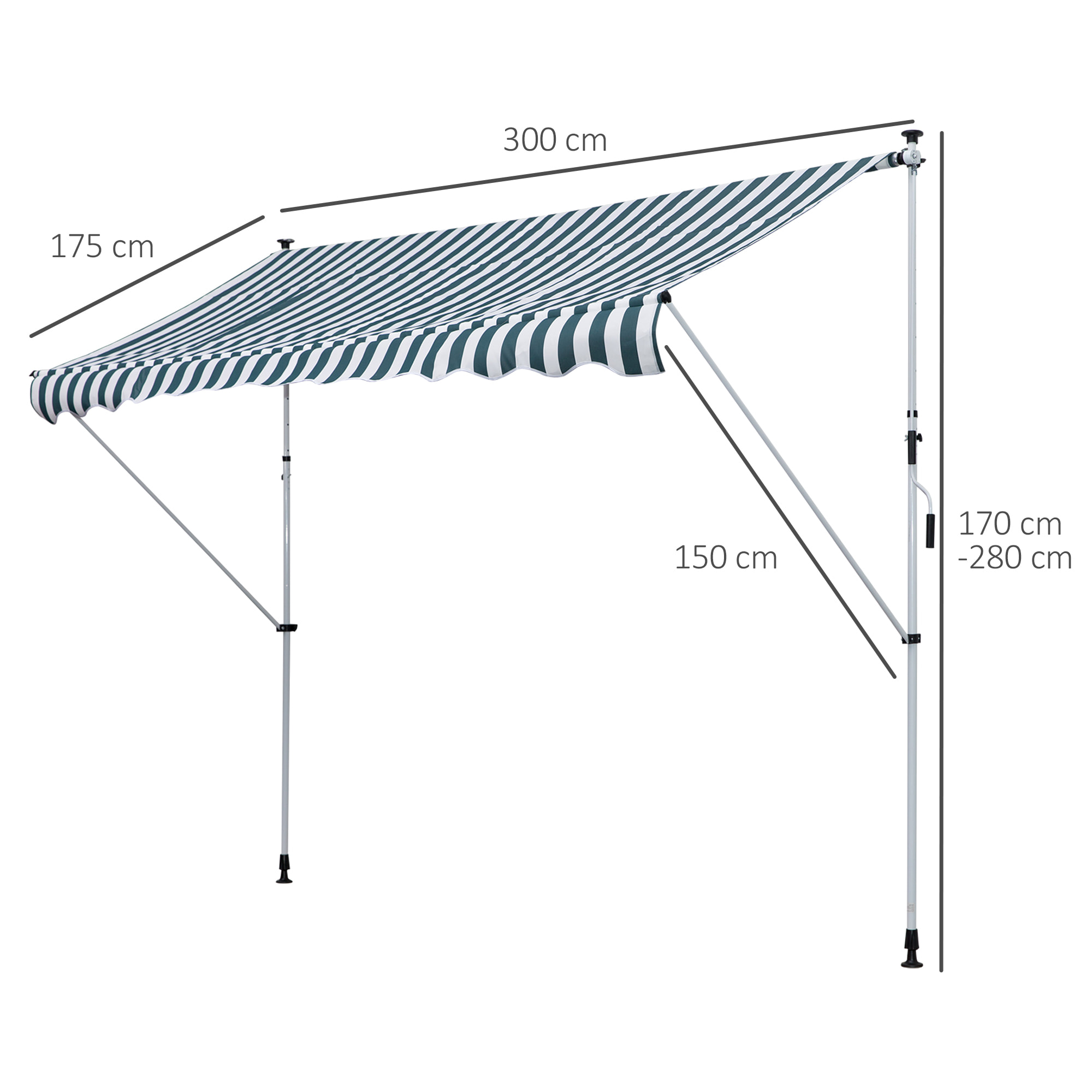 Toldo Manual Retráctil Exterior 300x150x170-280 cm Enrollable Manivela Verde