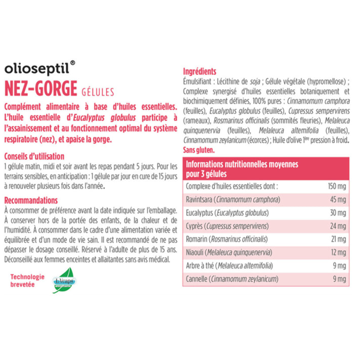 OLIOSEPTIL - Nez-Gorge - Complexe de 7 Huiles Essentielles Pures et Chémotypées - Assainit le Système Respiratoire & Apaise la Gorge - Dès 15 Ans - Lot de 3 produits