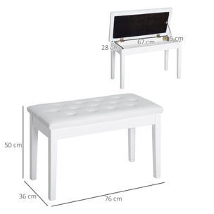 Banco de Piano con Almacenamiento, Banqueta de Piano con Asiento de Cuero Sintético, Patas de Madera, Carga Máxima 200 kg, 76x36x50 cm, Blanco