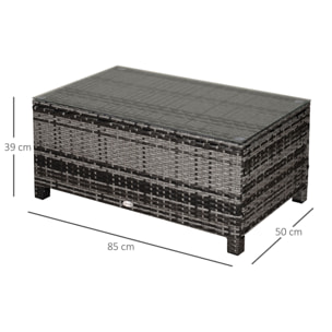 Mesa de Jardín de Ratán Sintético Mesita Auxiliar con Vidrio Templado para Terraza Patio Balcón 85x50x39 cm Gris