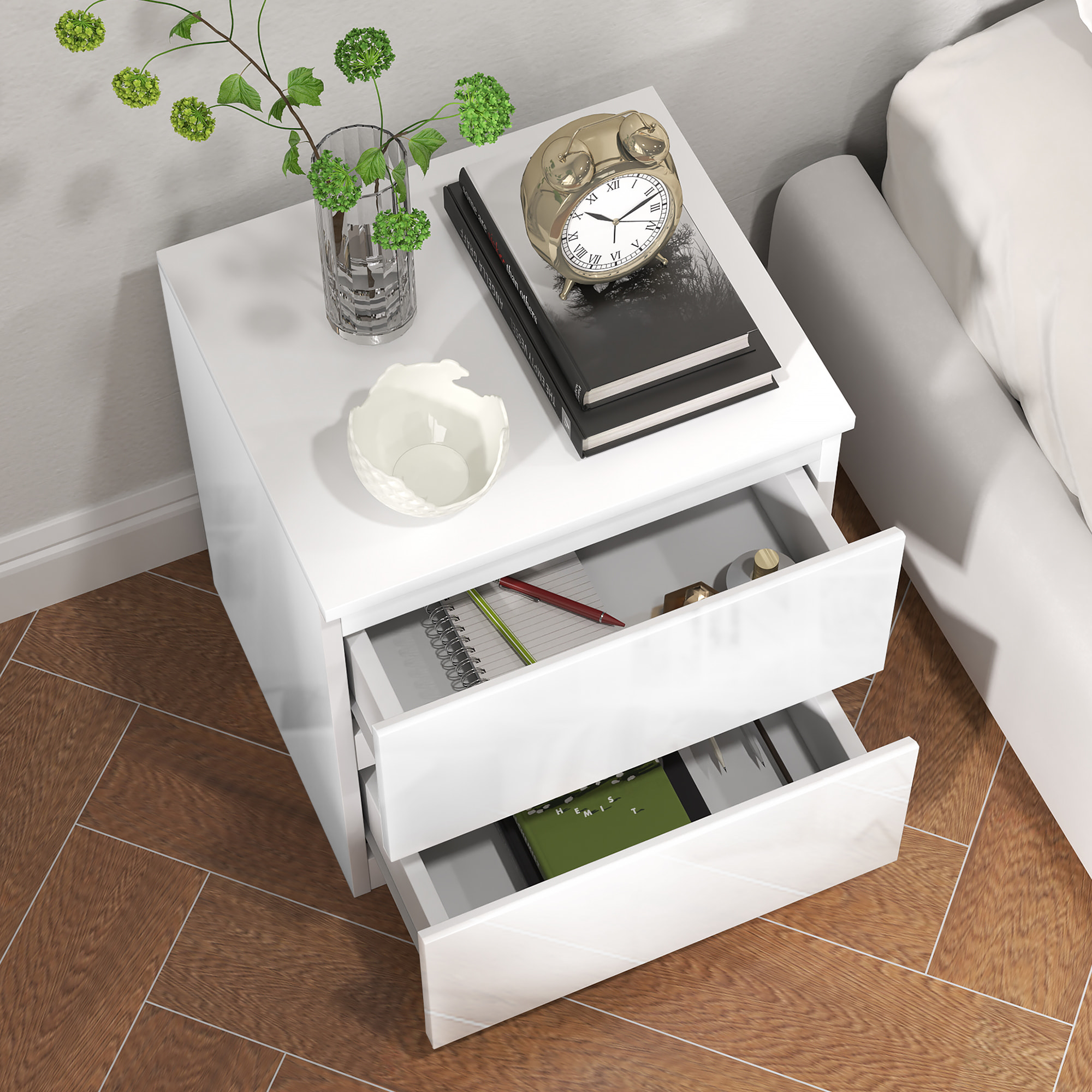 Mesita de Noche Moderna Mesilla de Noche con 2 Cajones Mesa de Noche para Dormitorio Salón 40x34x45 cm Blanco Brillo
