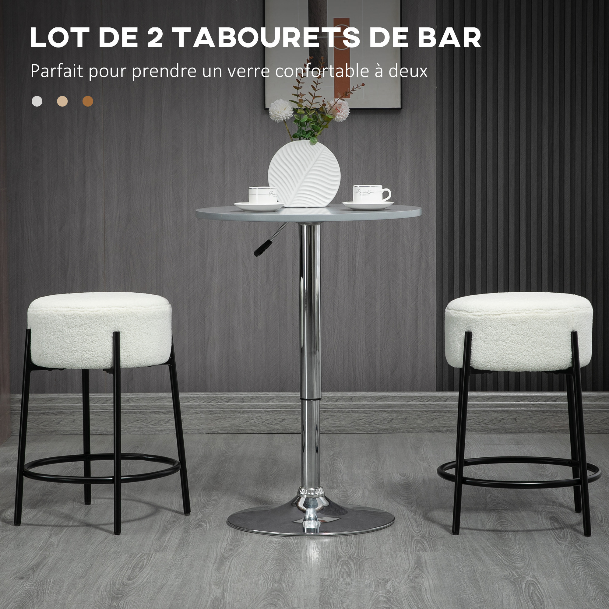 Lot de 2 tabourets de bar design - repose-pied - acier noir revêtement effet laine bouclée blanc