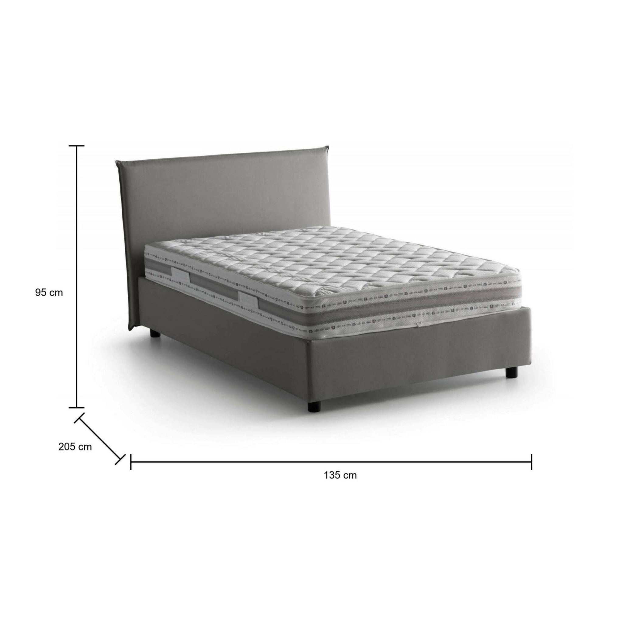 Letto piazza e mezza Asmara, Letto contenitore con rivestimento in tessuto, 100% Made in Italy, Apertura frontale, con materasso Cm 120x190 incluso, Grigio