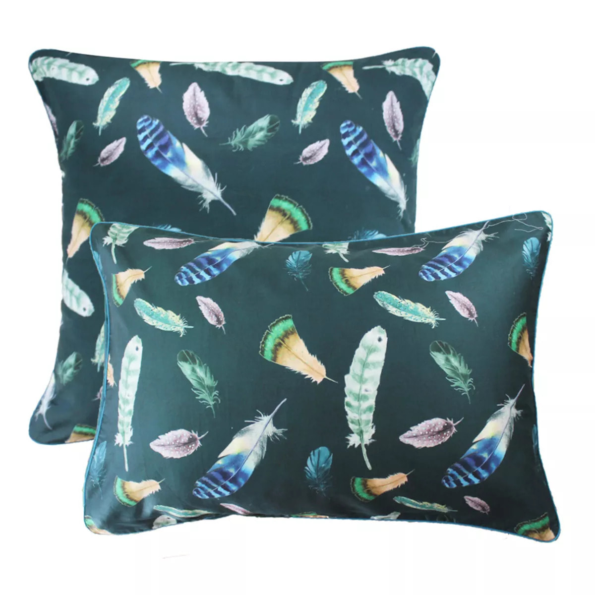 Taie d'oreiller satin de coton imprimé vert Feathers green