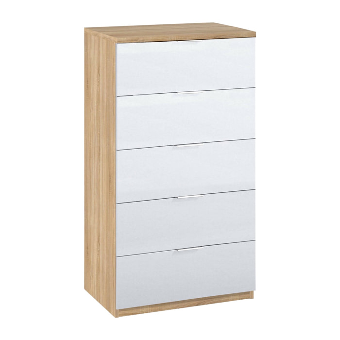 Cassettiera Armenia, Settimanale a 5 cassetti, Mobile Comò per camera da letto, Settimanale moderno, 60x40h110 cm, Rovere e Bianco