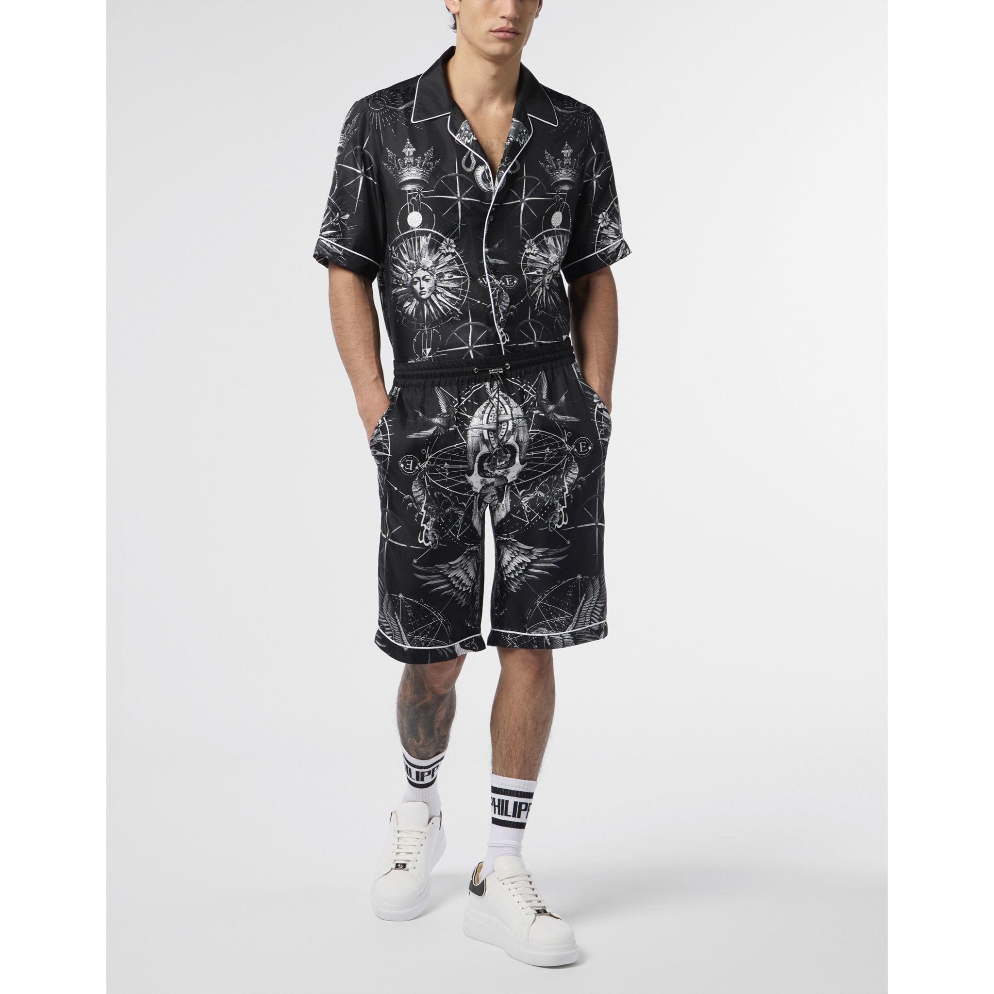 PHILIPP PLEIN Silk Bowling Shorts All-Over Tattoo