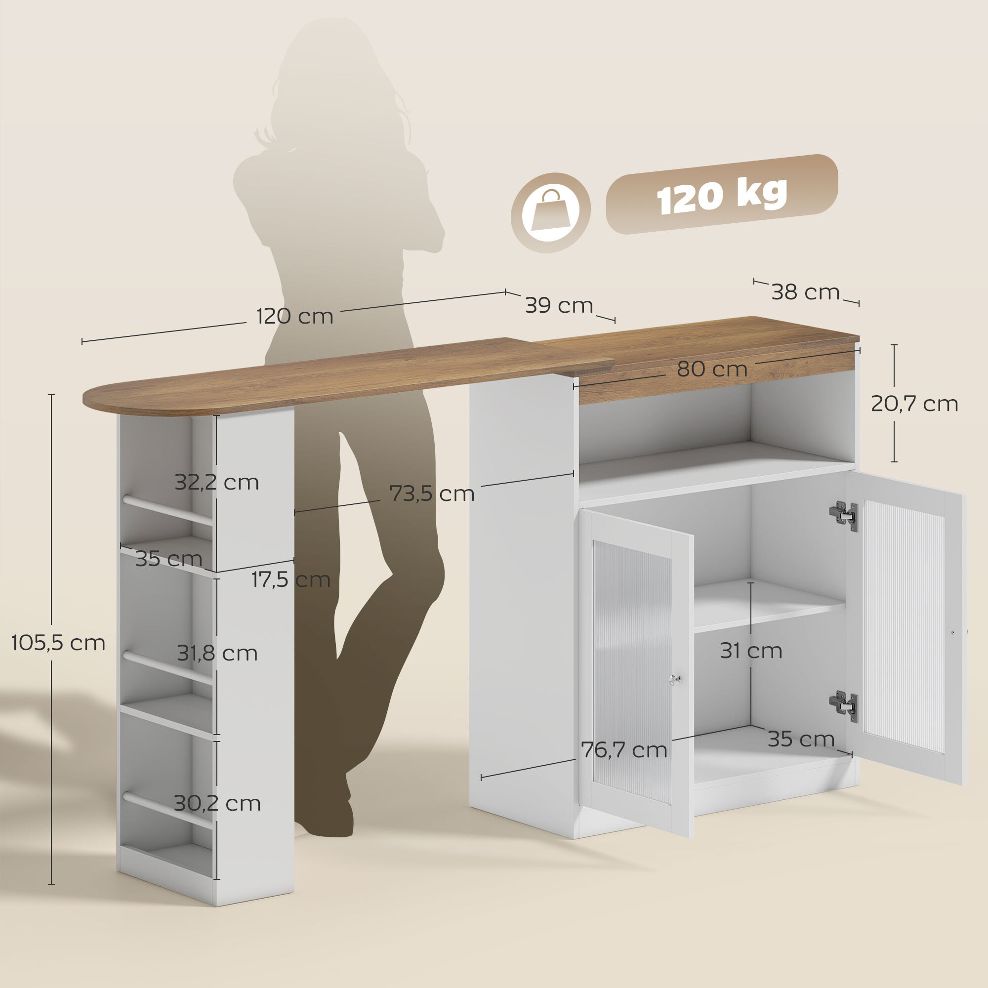 Mesa de Bar Extensible y Giratoria 90°, Mesa Alta Cocina con Estantes Abiertos y 2 Puertas de Vidrio para Comedor, 150x80x105,5 cm, Blanco y Natural