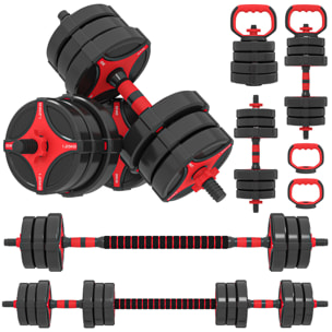 Juego de Mancuernas Ajustables 5 en 1 20kg, Juego de Pesas como Kettlebell, Barra, Mancuernas o Soporte para Flexiones, Equipo de Fitness para Hombres y Mujeres, Casa Gimnasio, Negro y Rojo