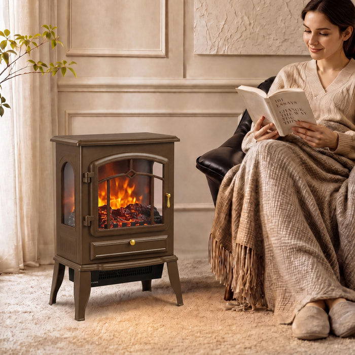 Chimenea Eléctrica de Pie, 1000W/2000W, Chimenea Eléctrica Decorativa con Efecto Llama 3D, Brillo Ajustable, Termostato y Protección contra Sobrecalentamiento, para 30㎡, Marrón