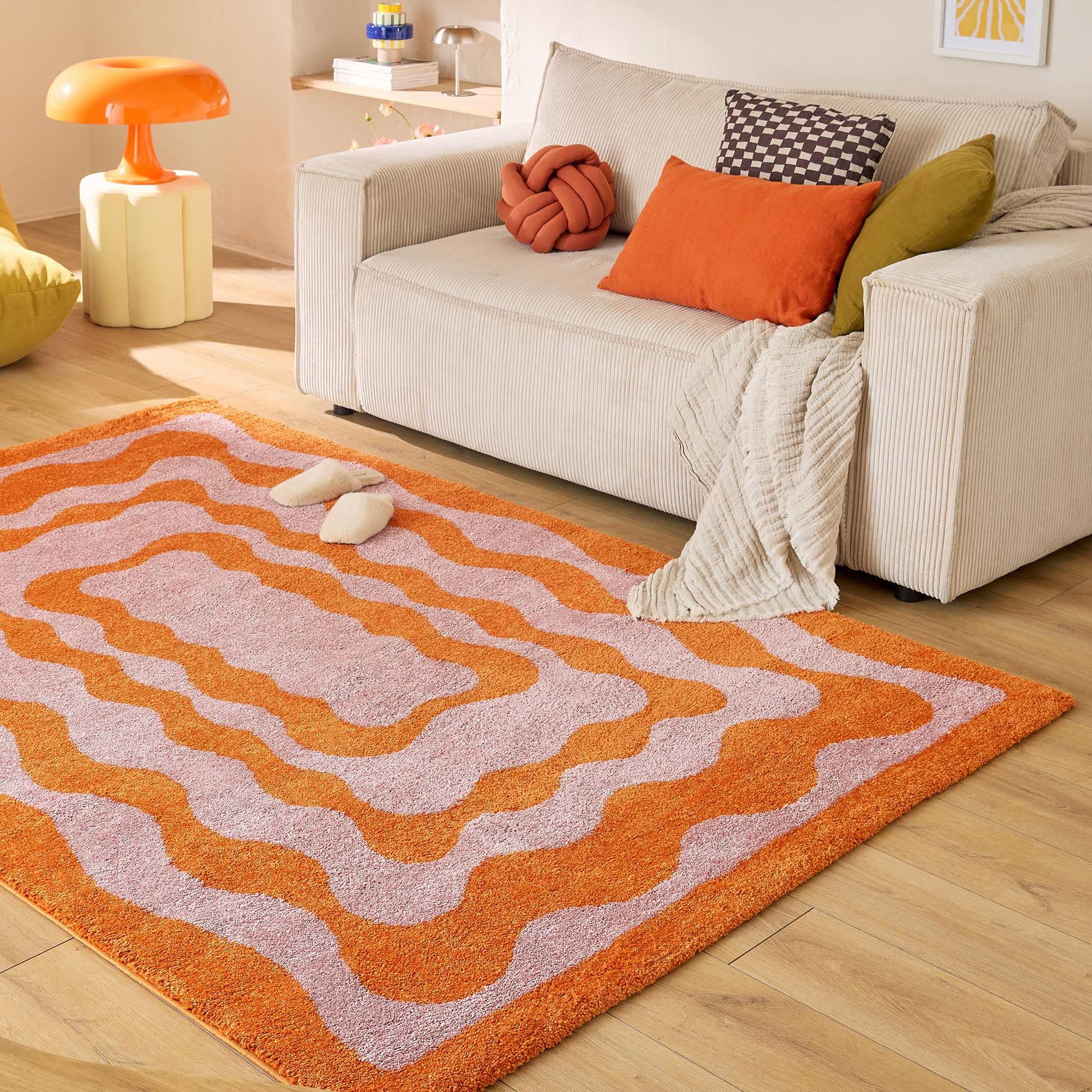 GROOVY - Tapis coloré style seventies - Confortable et moelleux - Orange