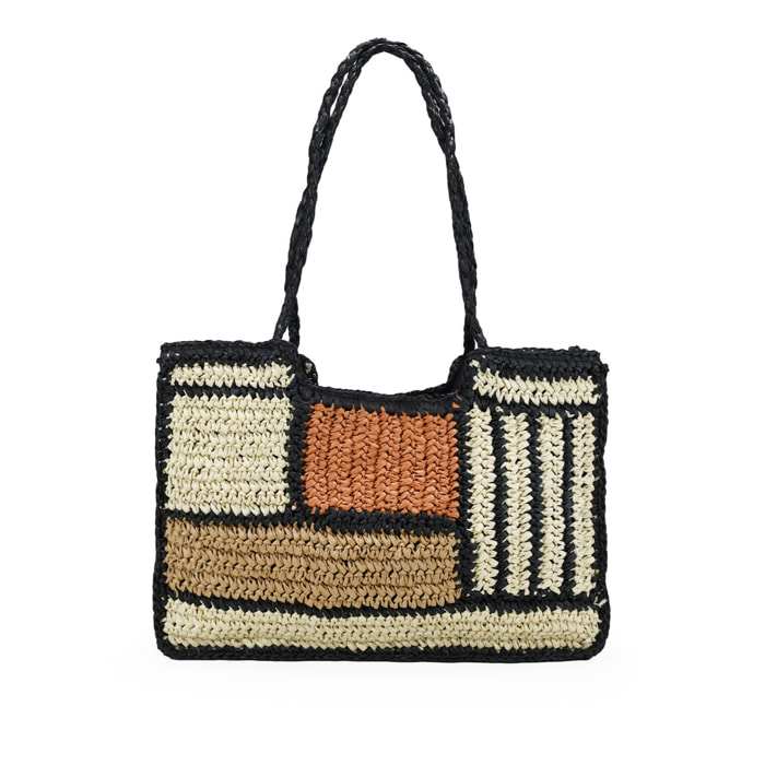 Bolso de hombro negro y beige de esparto