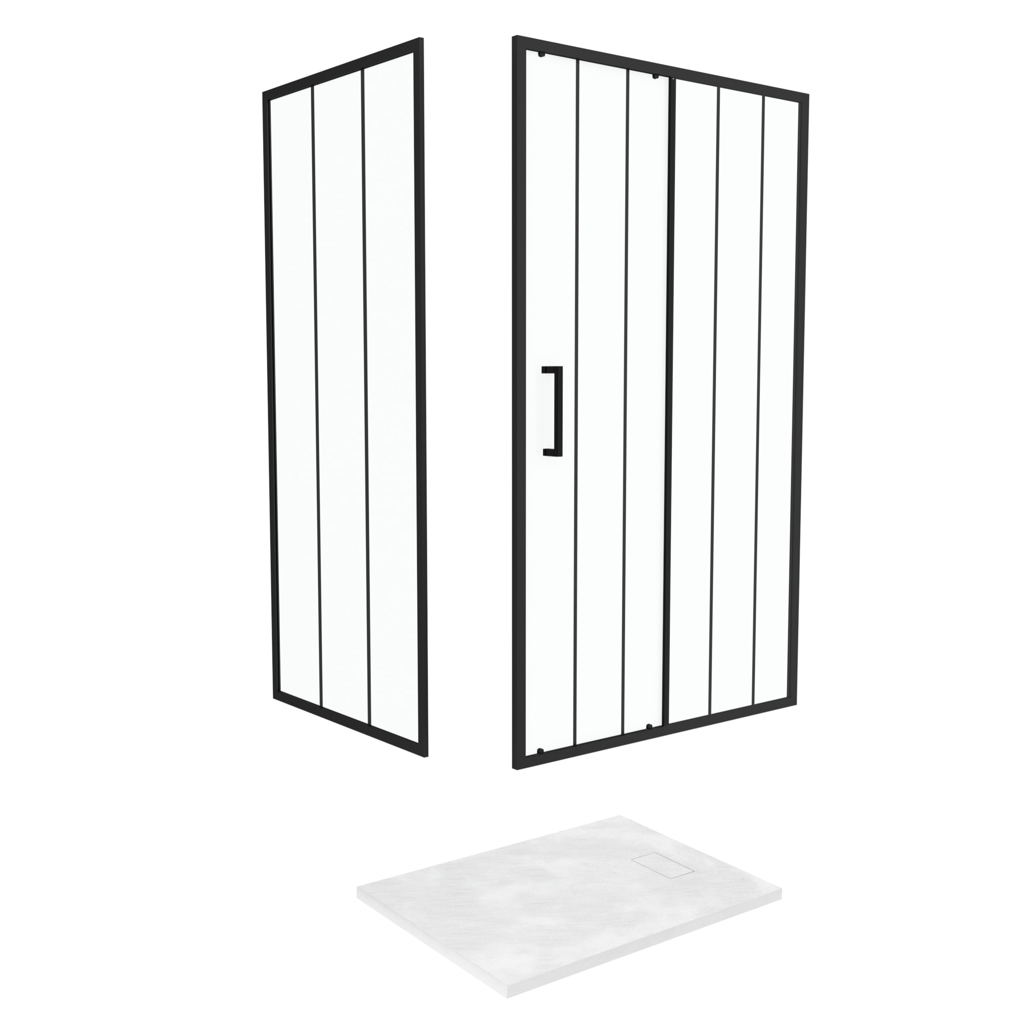 Porte Coulissante et Retour avec Sérigraphie Noire 120x80x200cm + Receveur en SMC Blanc Effet Pierre
