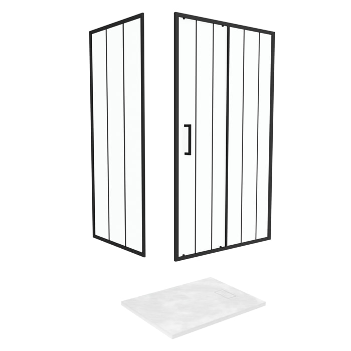 Porte Coulissante et Retour avec Sérigraphie Noire 120x80x200cm + Receveur en SMC Blanc Effet Pierre