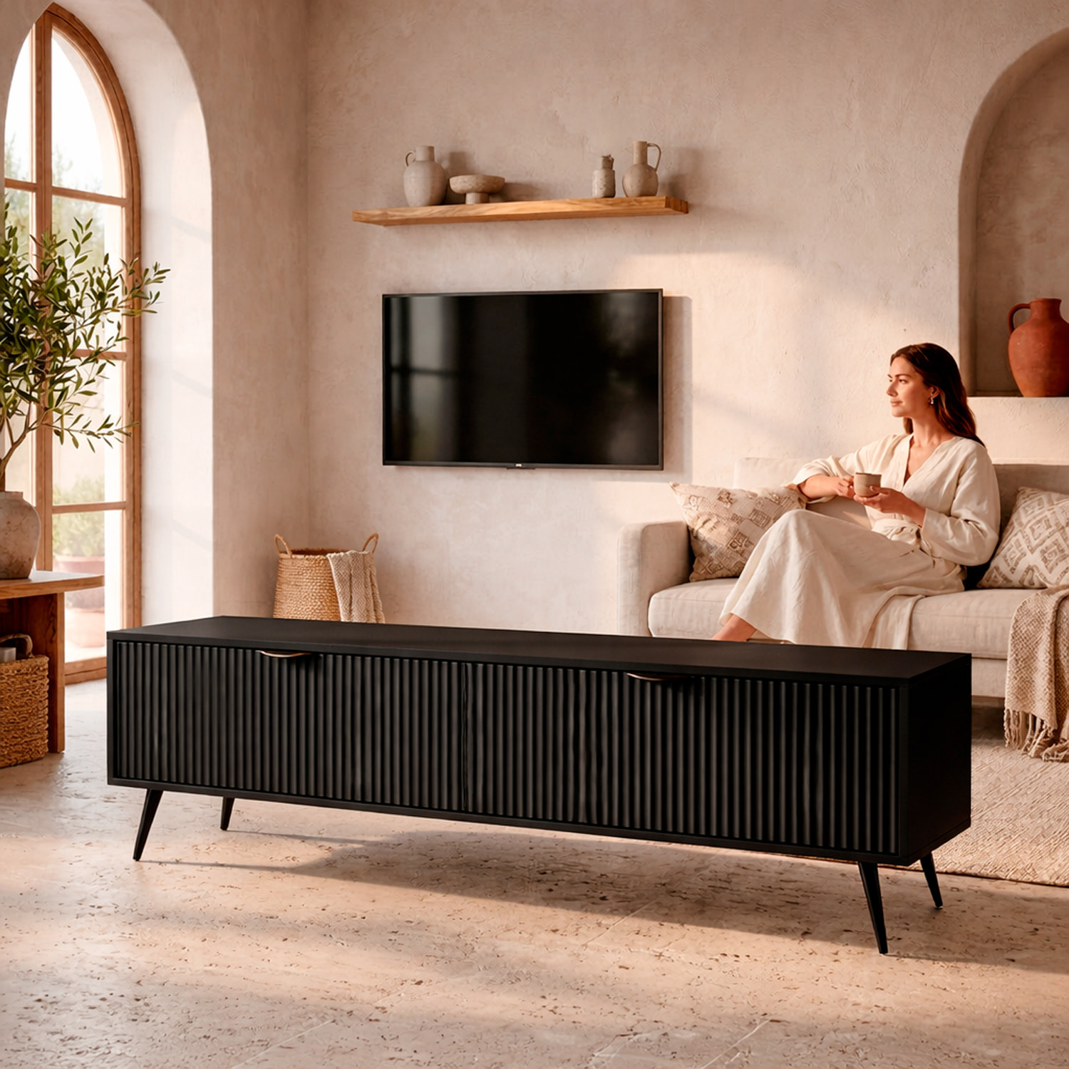 Mobile Porta TV Moderno Con 2 Ante a Ribalta Cannettate Mobiletto Contenitore Design Moderno Soggiorno Salotto Living Home 163.2 x 38 x 51.2 Cm Nero