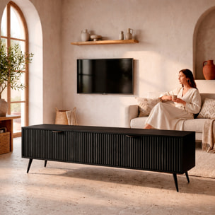 Mobile Porta TV Moderno Con 2 Ante a Ribalta Cannettate Mobiletto Contenitore Design Moderno Soggiorno Salotto Living Home 163.2 x 38 x 51.2 Cm Nero