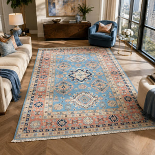 Tapis salon géométrique, artisanal noué main en laine naturelle