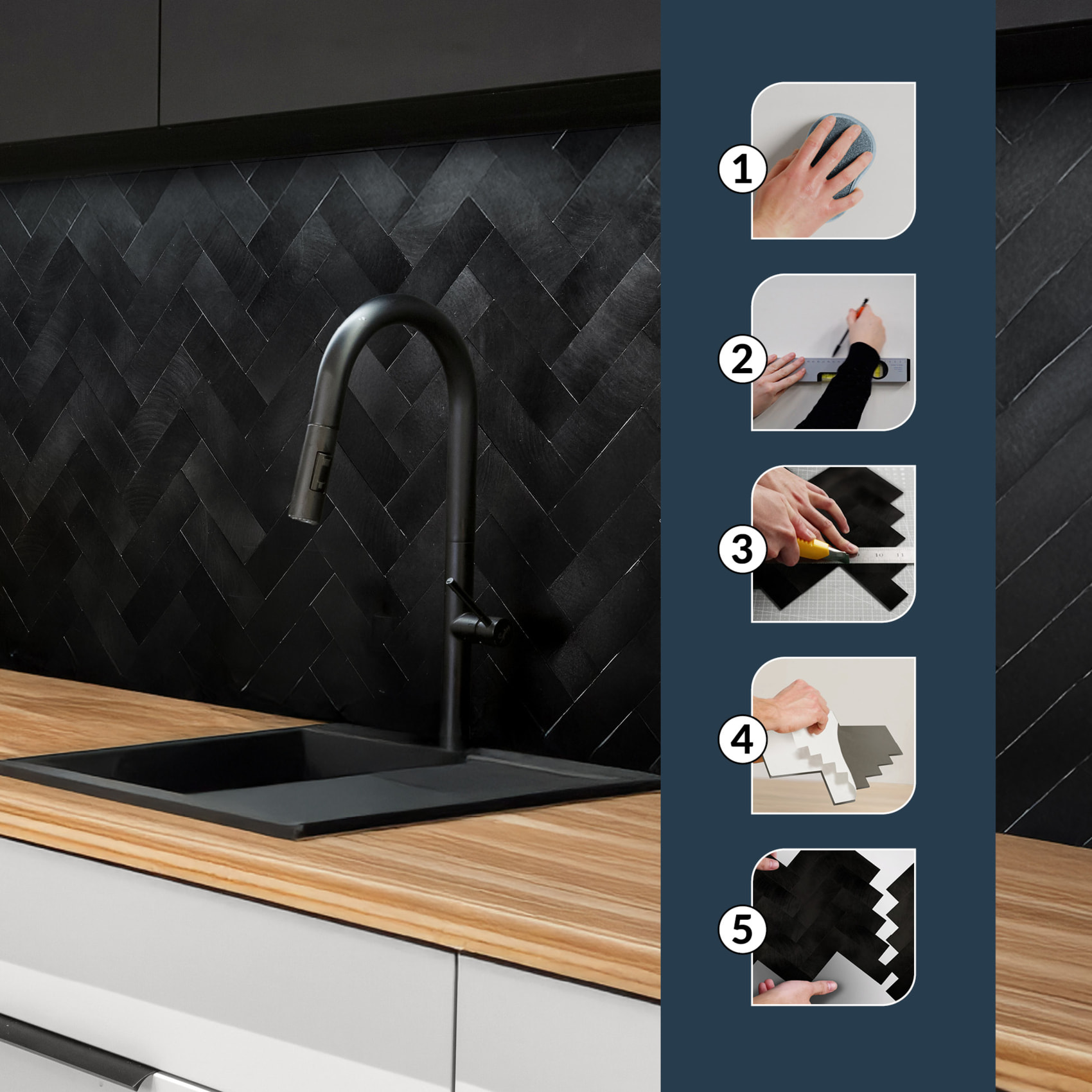 Crédence adhésive murale 3D  - Effet chevron 4 pièces - Noir