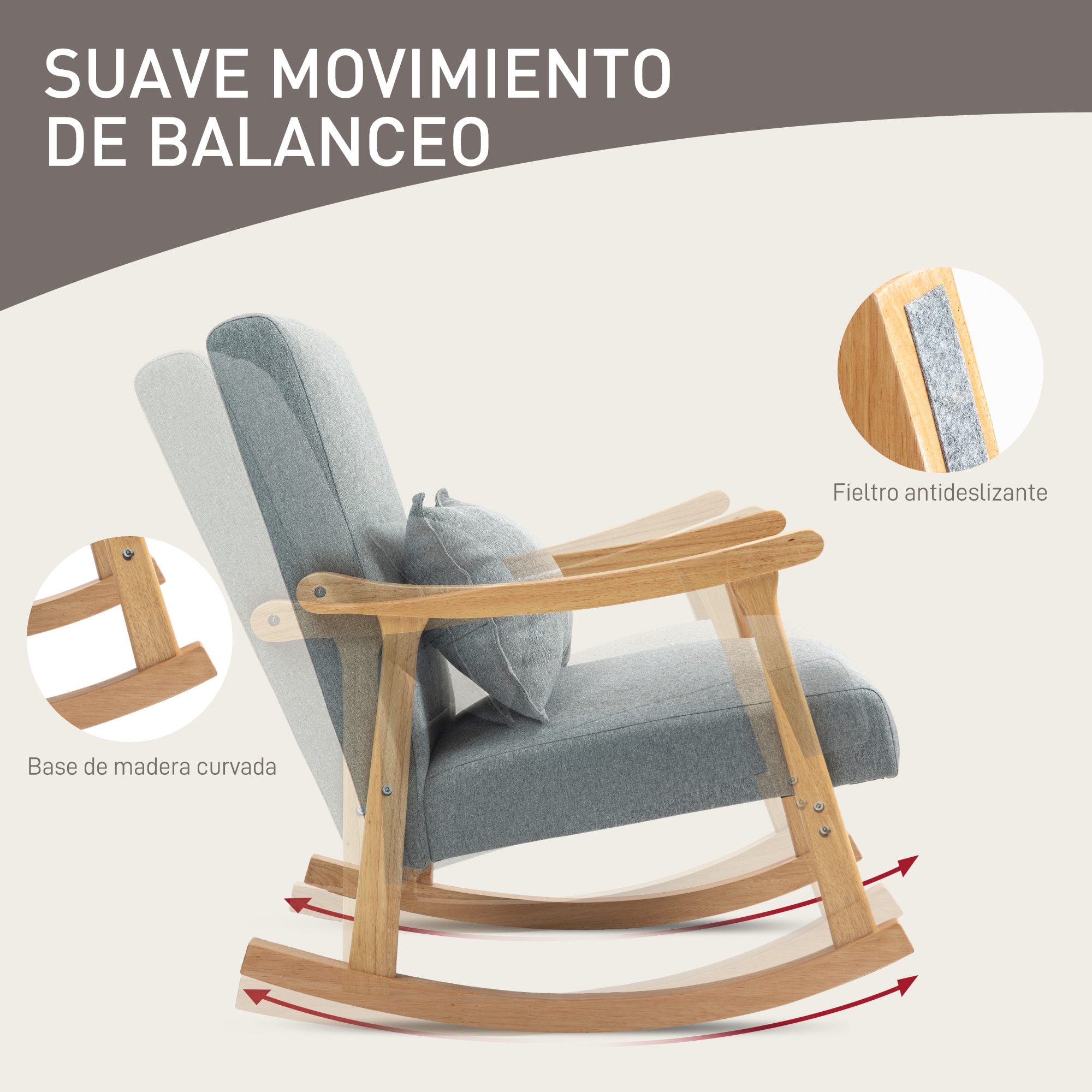 Mecedora Moderna Mecedora para Lactancia con Cojín Lumbar Respaldo Amplio y Base de Madera Carga 120 kg Silla Mecedora para Salón Dormitorio Gris Claro