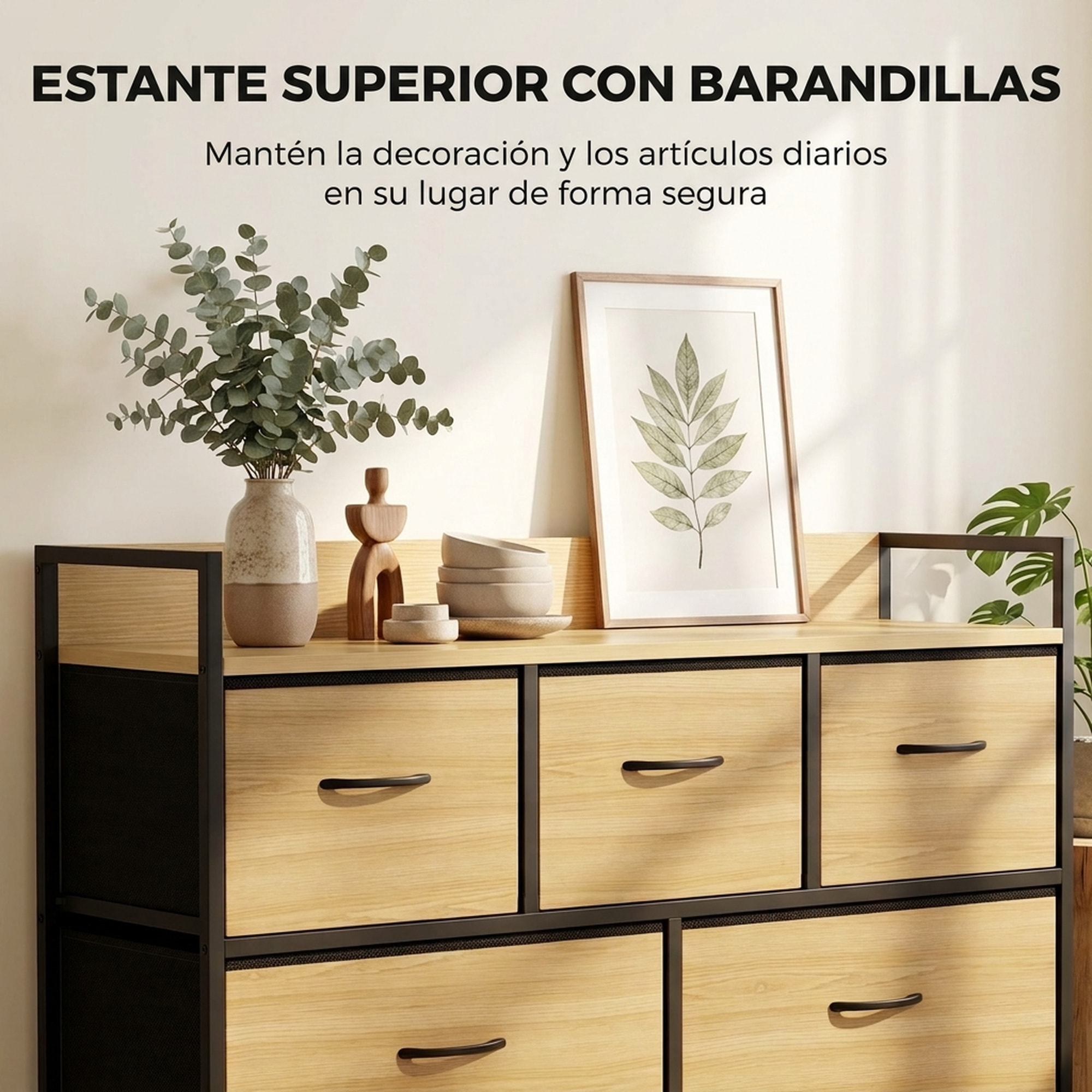 Mueble Organizador Cajonera de Tela con Cajones Plegables Estante Abierto y Marco de Acero Estilo Industrial para Salón Recibidor Dormitorio 98x29x63 cm, Roble
