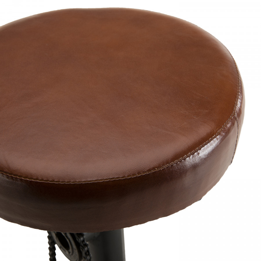 ROBIN - Tabouret de bar industriel cuir marron pieds métal noir déco pédales