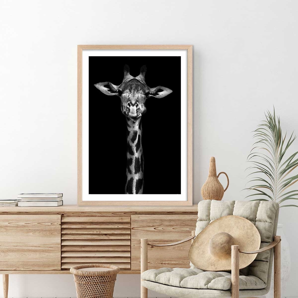 Affiche girafe haute en portrait Affiche + cadre en bois - Chêne