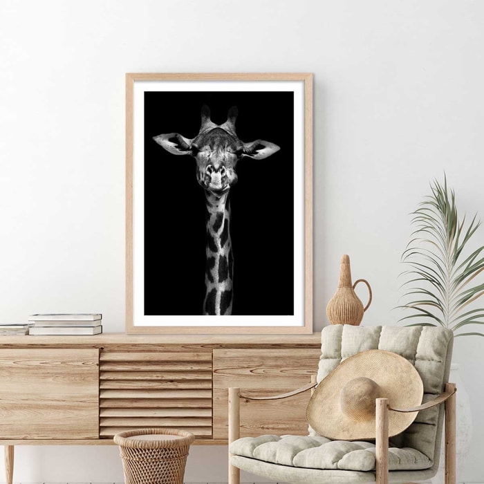 Affiche girafe haute en portrait Affiche + cadre en bois - Chêne