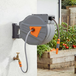 Dévidoir mural enrouleur automatique pivotant 180° tuyau 40 + 2 m avec lance arrosage 2 modes support mural intégré orange gris